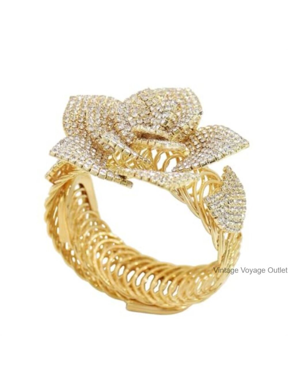 Rhinestone Rose Flower Statement Bangle Bracelet Elastic Cuff Adjustable